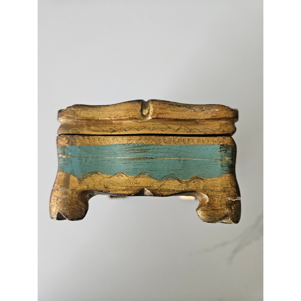 Florentine Jewelry Box Women OS Turquoise Gold Good Italian Wood Gilt Footed VTG - Picture 6 of 8